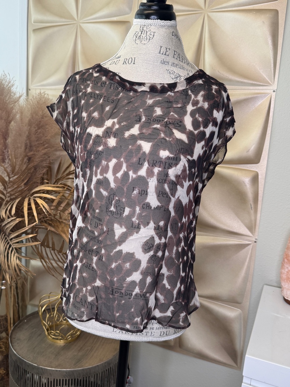 Brown Animal Print 100% Silk Draped Back Blouse Top XS